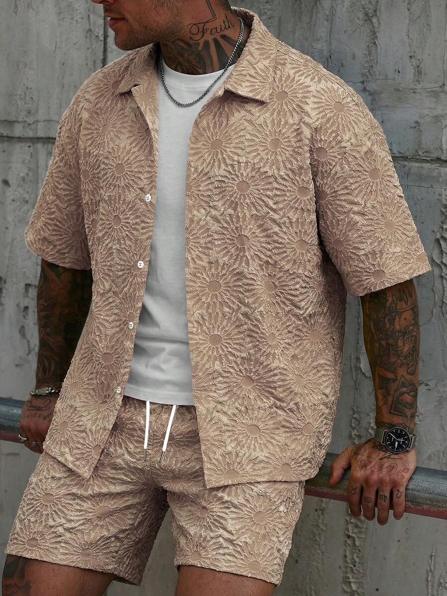 Manfinity CasualCool Conjunto de Camisa e Shorts Casuais Jacquard Masculino