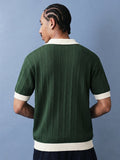 SUMWON Camisa Polo de Malha Canelada com Gola de Contraste, Manga Curta, Botões Até a Metade, Caimento Regular, Estilo Casual de Primavera e Verão, Vintage