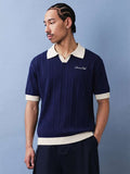 SUMWON Camisa Polo de Malha Canelada com Gola de Contraste, Manga Curta, Botões Até a Metade, Caimento Regular, Estilo Casual de Primavera e Verão, Vintage
