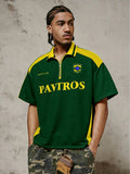 PAVTROS Camiseta Polo de Manga Curta Verde Escuro Masculina, Streetwear com Vibe Brasileira, Camiseta Oversized com Blocos de Cor para Férias de Verão na Cidade, Esportes & Casual, Futebol