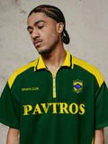 PAVTROS Camiseta Polo de Manga Curta Verde Escuro Masculina, Streetwear com Vibe Brasileira, Camiseta Oversized com Blocos de Cor para Férias de Verão na Cidade, Esportes & Casual, Futebol