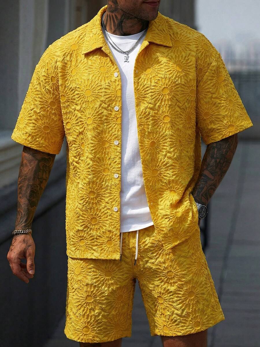 Manfinity CasualCool Conjunto de Camisa e Shorts Casuais Jacquard Masculino