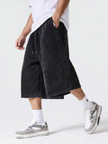 SUMWON Shorts Casuais de Perna Larga com Cordão, Cintura Elástica, Comprimento do Joelho, Textura Lavada de Algodão, Streetwear, Shorts Folgadas, Shorts P com Bolsos