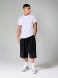 SUMWON Shorts Casuais de Perna Larga com Cordão, Cintura Elástica, Comprimento do Joelho, Textura Lavada de Algodão, Streetwear, Shorts Folgadas, Shorts P com Bolsos