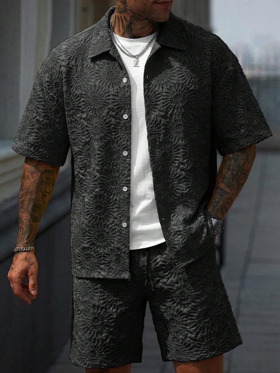 Manfinity CasualCool Conjunto de Camisa e Shorts Casuais Jacquard Masculino