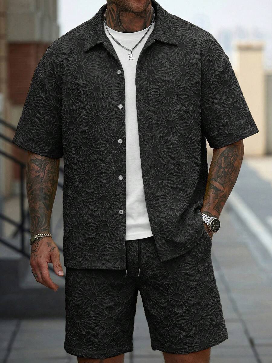 Manfinity CasualCool Conjunto de Camisa e Shorts Casuais Jacquard Masculino