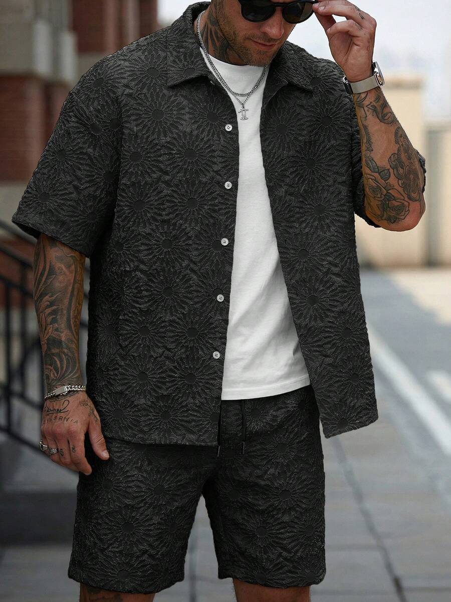Manfinity CasualCool Conjunto de Camisa e Shorts Casuais Jacquard Masculino