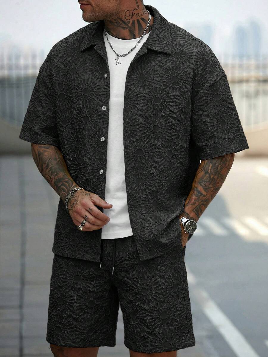 Manfinity CasualCool Conjunto de Camisa e Shorts Casuais Jacquard Masculino