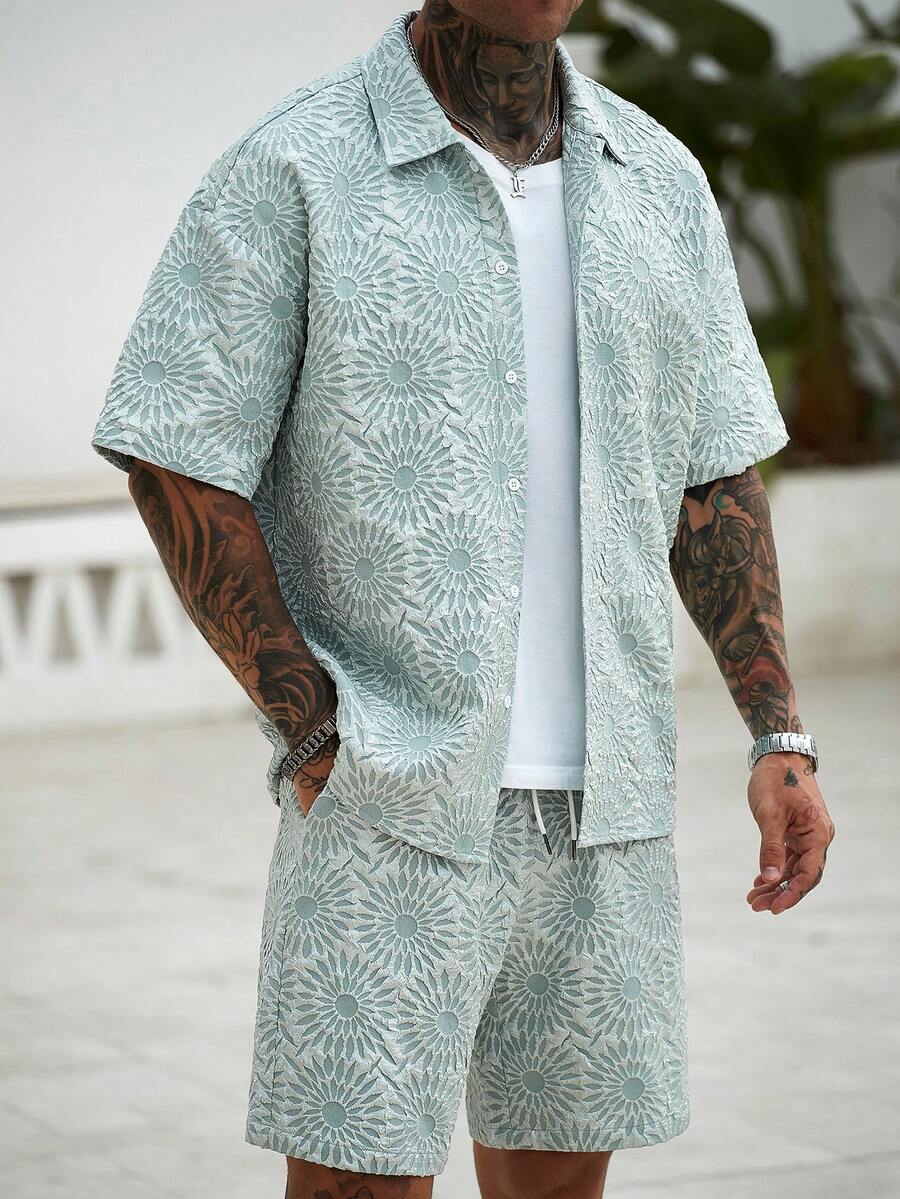 Manfinity CasualCool Conjunto de Camisa e Shorts Casuais Jacquard Masculino