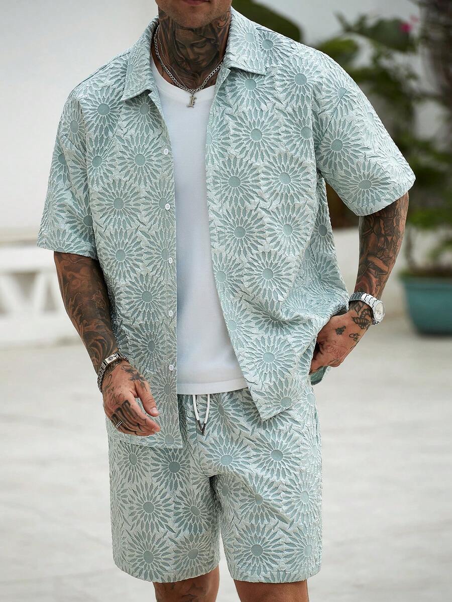 Manfinity CasualCool Conjunto de Camisa e Shorts Casuais Jacquard Masculino
