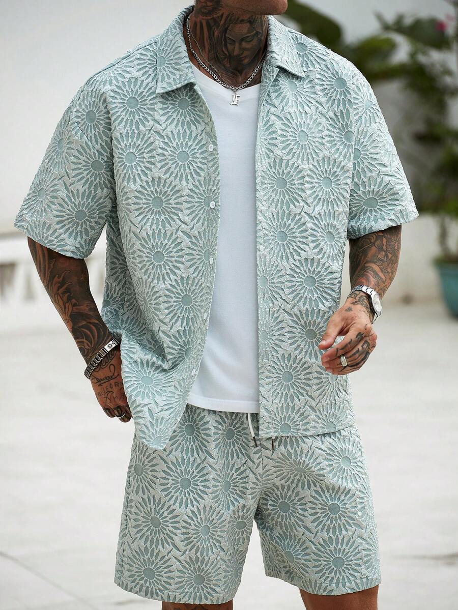 Manfinity CasualCool Conjunto de Camisa e Shorts Casuais Jacquard Masculino