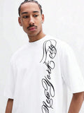 SUMWON Camiseta de Manga Curta Gráfica Oversized Masculina com Design de Impressão em Estilo de Roteiro, Preta, Casual de Algodão, Estilo Streetwear Diário