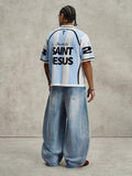 PAVTROS Camiseta de Malha de Manga Curta com Estampa de Listras & Letras para Homens, Verão, Futebol