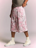 SUMWON Shorts com Elástico na Cintura, Cordão e Detalhe de Listras Laterais, Estampa de Flor de Cerejeira Camuflada