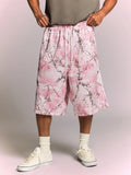 SUMWON Shorts com Elástico na Cintura, Cordão e Detalhe de Listras Laterais, Estampa de Flor de Cerejeira Camuflada