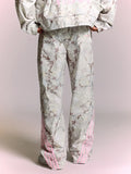SUMWON Calça de Moletom Folgada com Estampa Floral Camuflada, Detalhe de Faixa Lateral Rosa, Comprimento Total da Perna