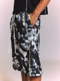 SUMWON Shorts Denim Tie-Dye com Elástico na Cintura, Ribana Lateral, Bolsos Embutidos Abaixo do Joelho, Shorts de Verão