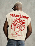 PAVTROS Regata Masculina de Verão Casual Fashion Street para Férias e Uso Diário, Estampa de Morango e Letras, Modelagem Solta, Holiday