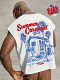 PAVTROS Regata Masculina de Verão Casual Fashion Street para Férias e Uso Diário, Estampa de Morango e Letras, Modelagem Solta, Holiday