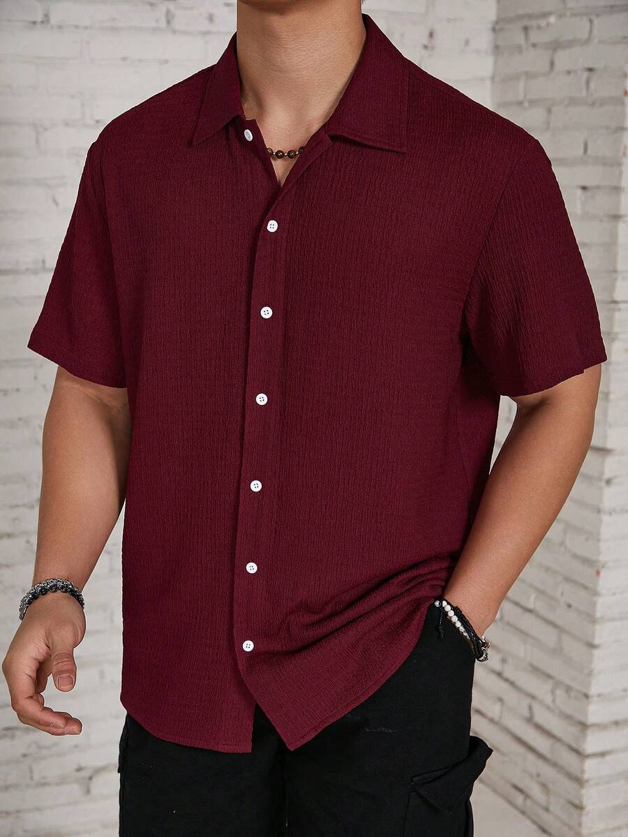 ResortEase Camisa Casual de Manga Curta com Botões e Cor Sólida, Ajuste Folgado, Férias
