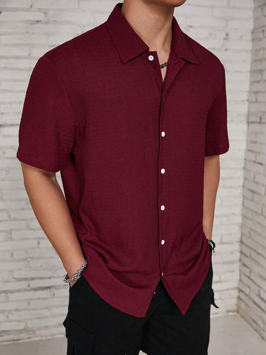 ResortEase Camisa Casual de Manga Curta com Botões e Cor Sólida, Ajuste Folgado, Férias