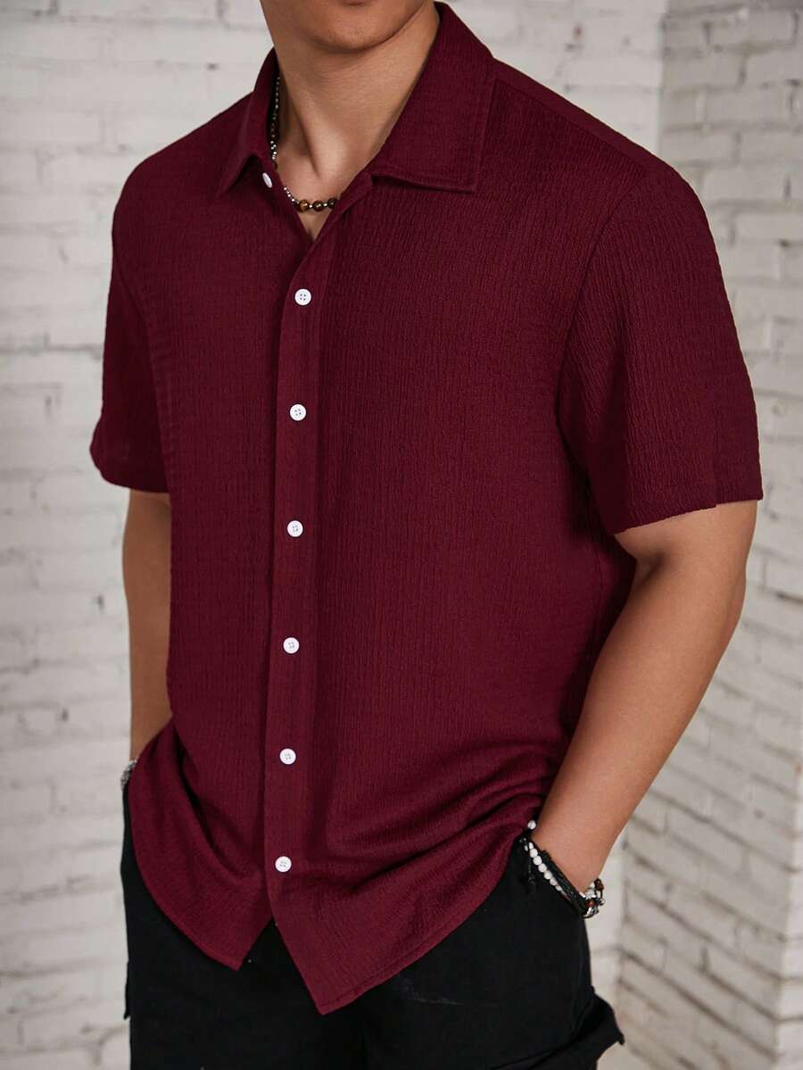 ResortEase Camisa Casual de Manga Curta com Botões e Cor Sólida, Ajuste Folgado, Férias