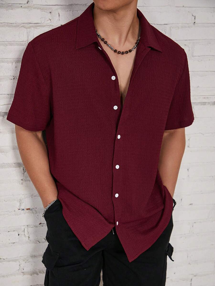 ResortEase Camisa Casual de Manga Curta com Botões e Cor Sólida, Ajuste Folgado, Férias