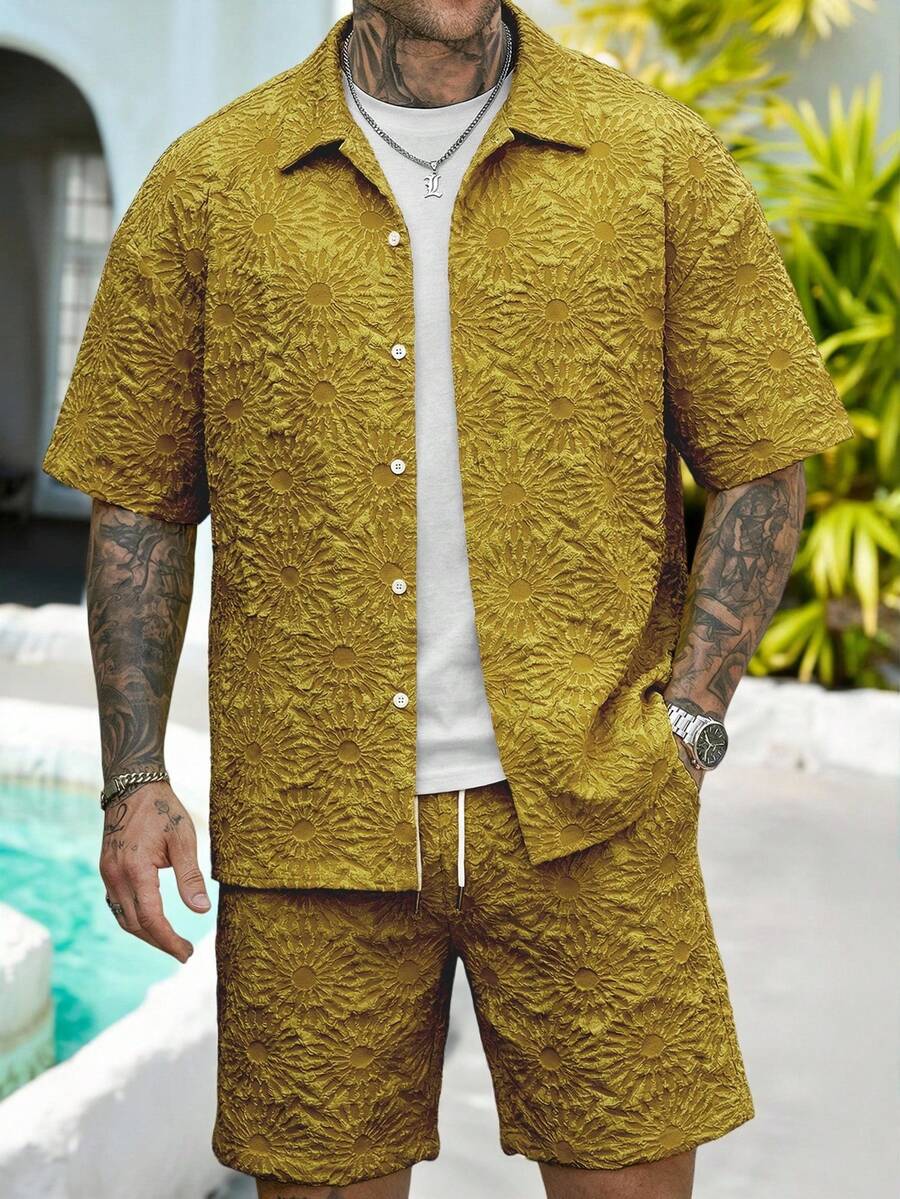 Manfinity CasualCool Conjunto de Camisa e Shorts Casuais Jacquard Masculino