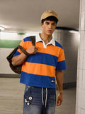 SWAVVY Camisa Polo Masculina Casual de Verão, Ajuste Solto, Tamanho Padrão, Blocos de Cores Sólidas Azul e Branco