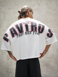 PAVTROS Camiseta Masculina com Estampa de Letras Listradas, Ombros Caídos e Ajuste Solto