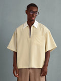 SUMWON Camisa Polo Listrada Casual Oversized de Meio Zíper, Primavera Verão, Negócios, Zíper Parcial Inteligente, Gola, Bolso, Roupas Esportivas, Conforto, Traje de Escritório