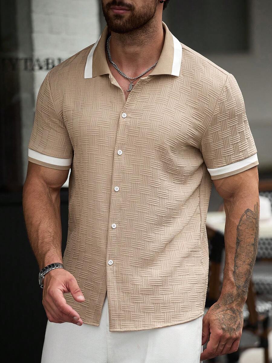 ResortEase Camisa Casual de Manga Curta com Botões e Cor Sólida, Ajuste Folgado, Férias