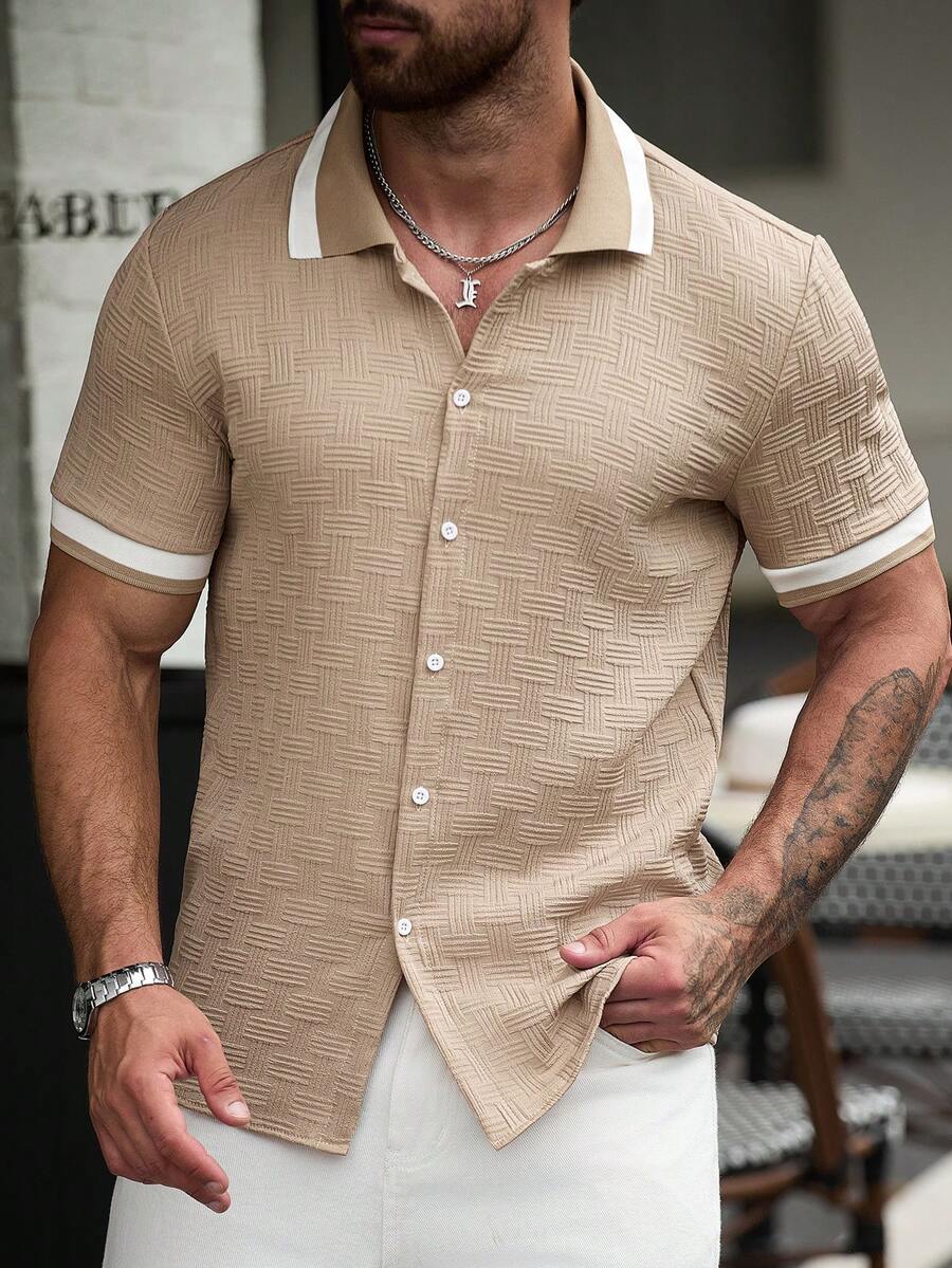 ResortEase Camisa Casual de Manga Curta com Botões e Cor Sólida, Ajuste Folgado, Férias