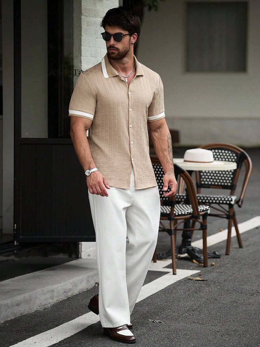 ResortEase Camisa Casual de Manga Curta com Botões e Cor Sólida, Ajuste Folgado, Férias