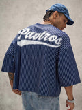 PAVTROS Camiseta Masculina com Estampa de Letras Listradas, Ombros Caídos e Ajuste Solto