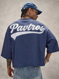 PAVTROS Camiseta Masculina com Estampa de Letras Listradas, Ombros Caídos e Ajuste Solto