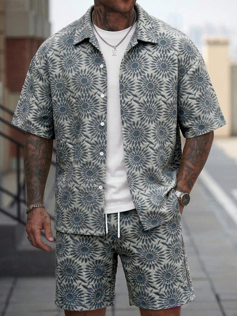 Manfinity CasualCool Conjunto de Camisa e Shorts Casuais Jacquard Masculino