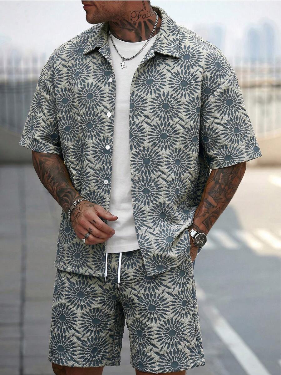 Manfinity CasualCool Conjunto de Camisa e Shorts Casuais Jacquard Masculino