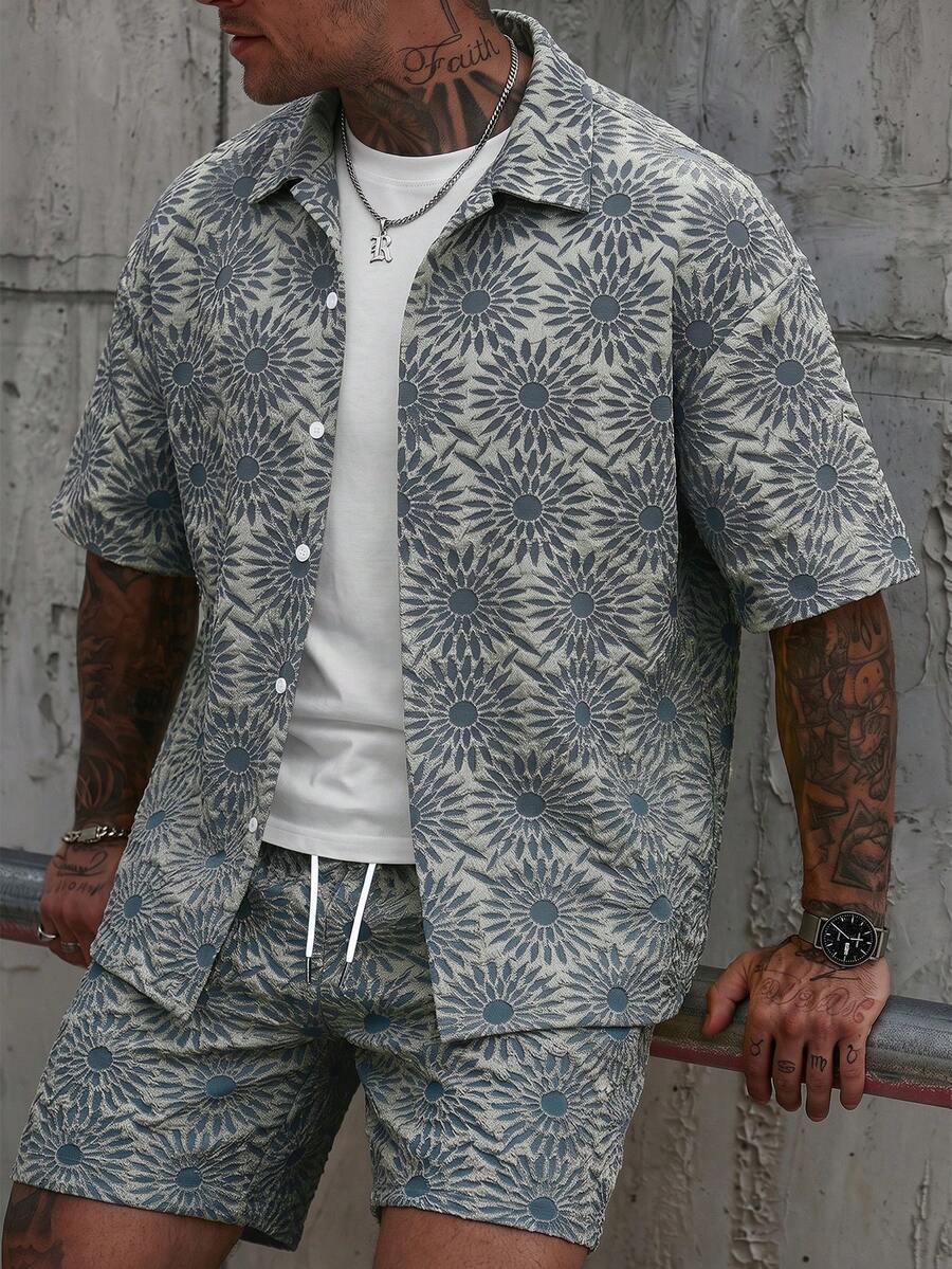 Manfinity CasualCool Conjunto de Camisa e Shorts Casuais Jacquard Masculino