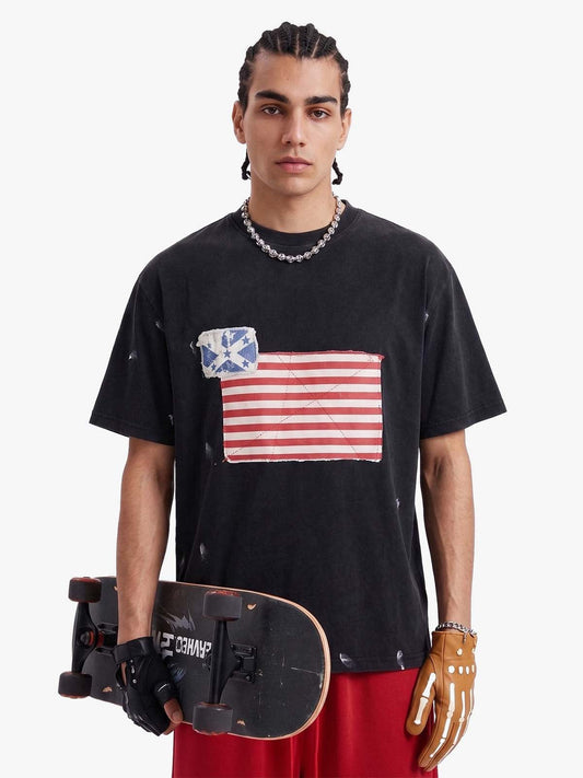 Camiseta Pavtros Flag Iron Cross Washed Black Oversized