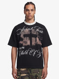 Gothic Cross Print Studded Collar Waffle Knit Graphic T-Shirt
