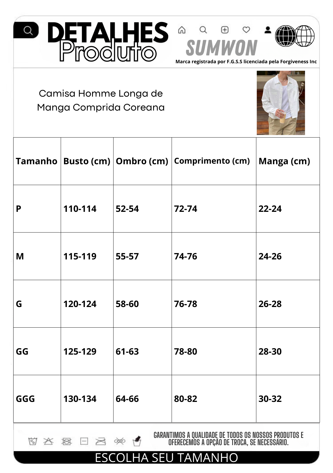 Camisa Pavtros Homme Longa de Manga Comprida Coreana