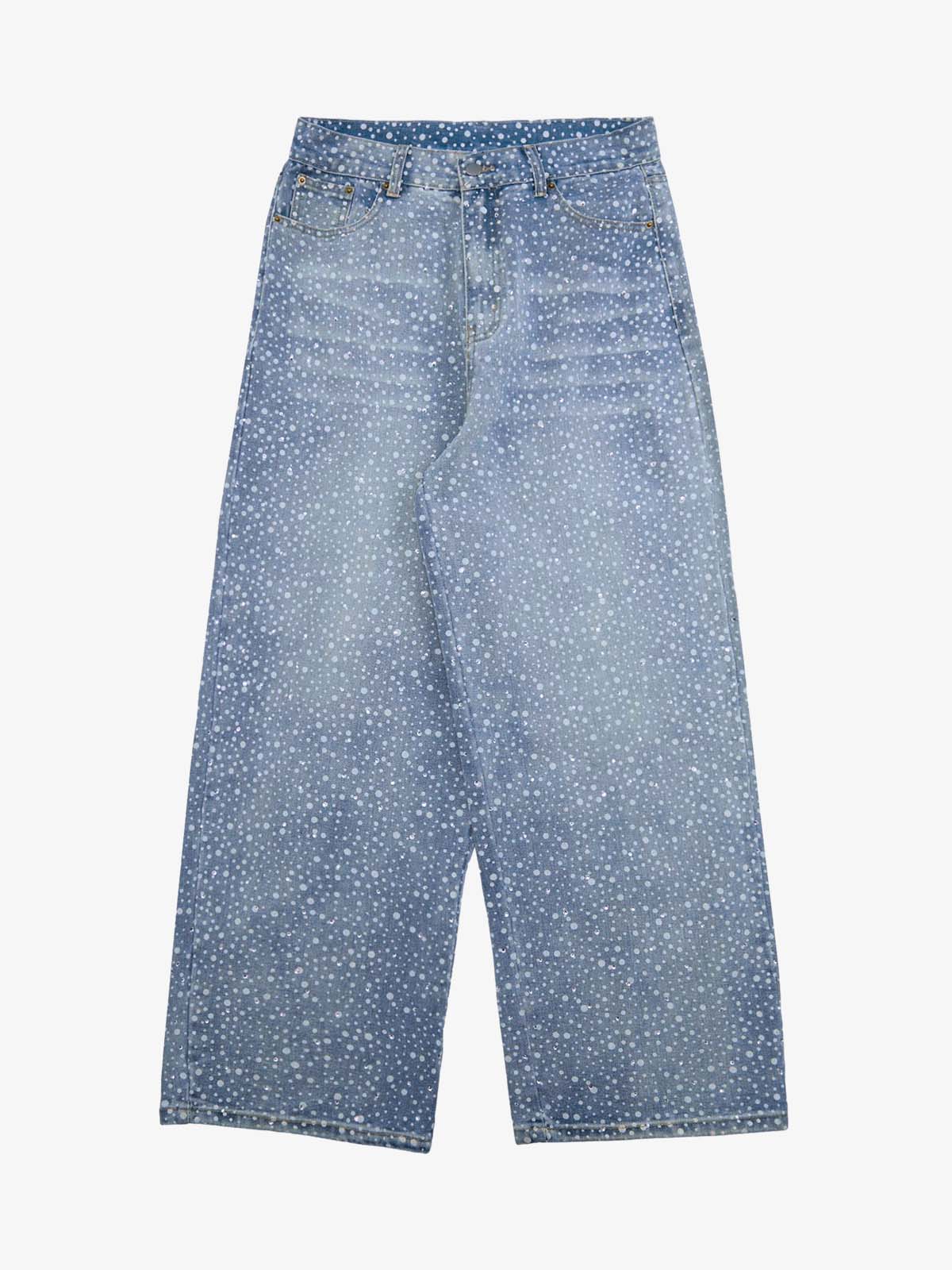 Calça Pavtros Ink Splashed Hotfix Rhinestone Baggy Jeans