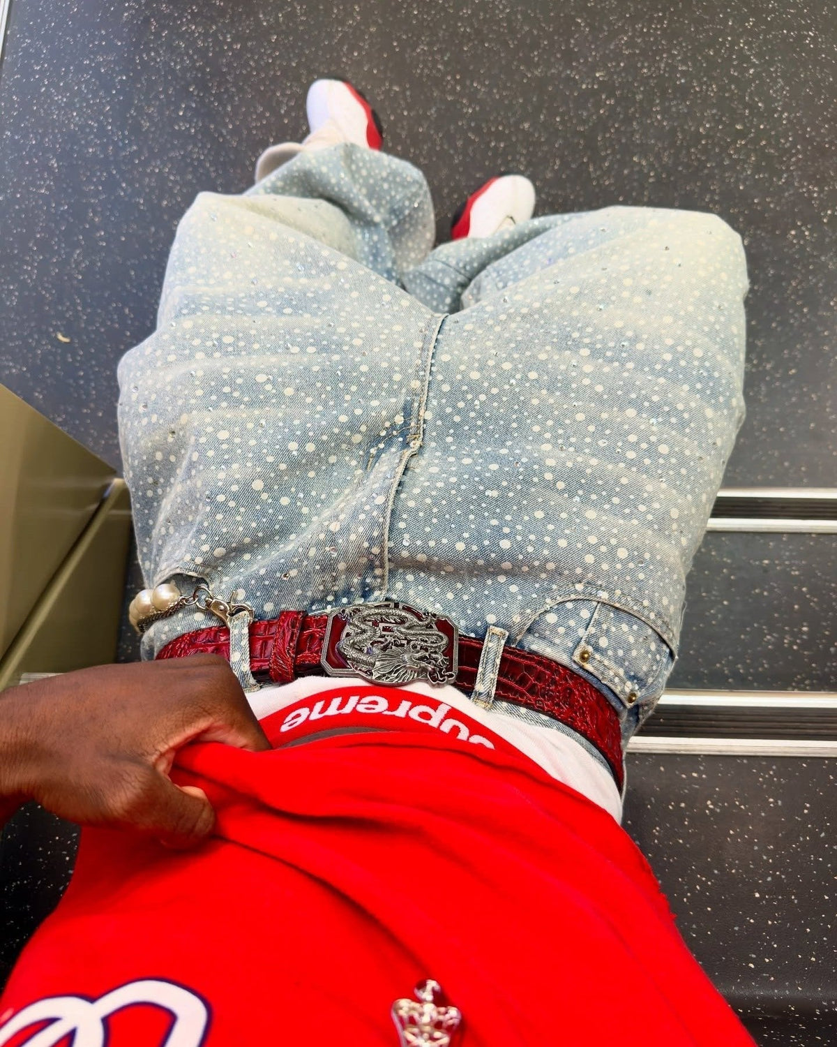 Calça Pavtros Ink Splashed Hotfix Rhinestone Baggy Jeans
