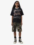 Gothic Cross Print Studded Collar Waffle Knit Graphic T-Shirt