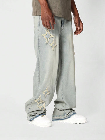 Calça Pavtros Denim Solto com Aplicação Stars