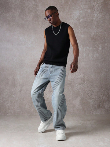 Calça Pavtros Denim com Costura Solta de Estilo Onda