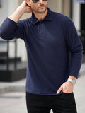 Camisa CasualCool Polo de Manga Longa com Textura de Waffle Azul Marinho