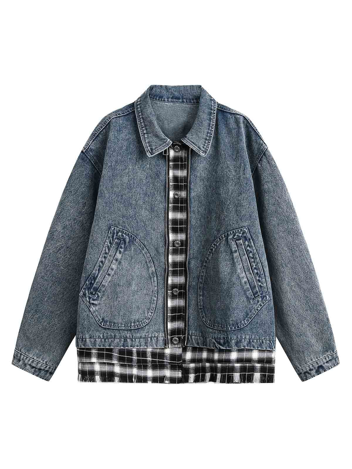 Jaqueta Pavtros Washed Distressed Patchwork Faux Two-Piece Denim - foto 1