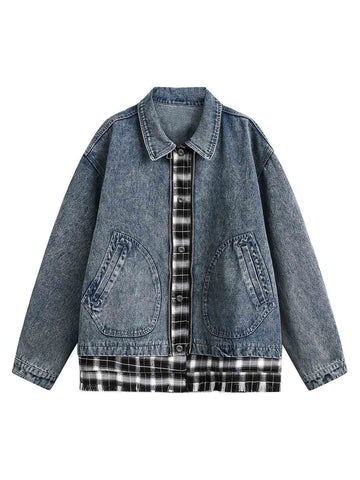 Jaqueta Pavtros Washed Distressed Patchwork Faux Two-Piece Denim - foto 1